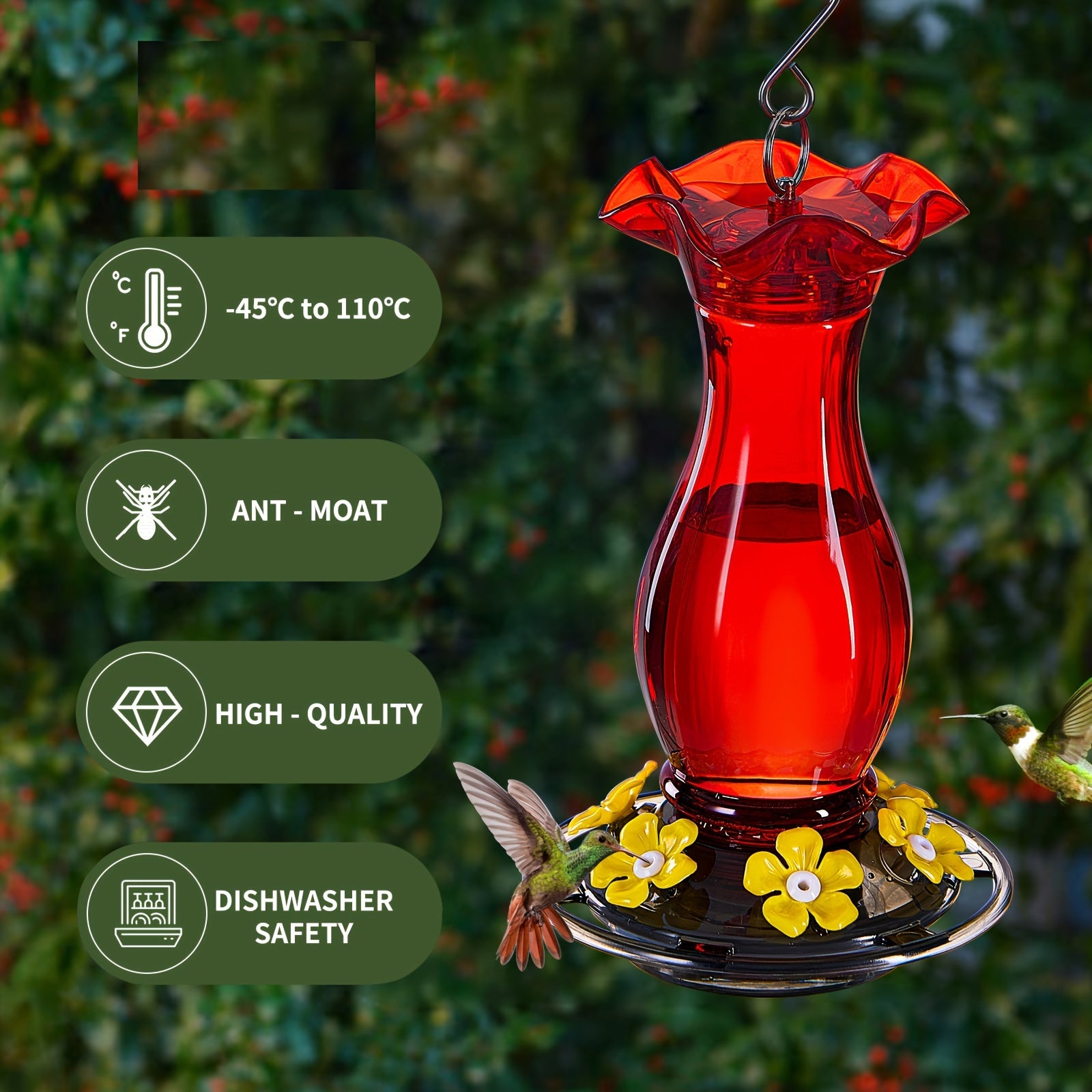 Ant-Moat Hummingbird Feeder: 18 oz Capacity, 6 Feeding Ports, Leak Resistant, 24.89 cm H x 14.22 cm Diameter, Suitable for Hummingbirds, No Battery Required