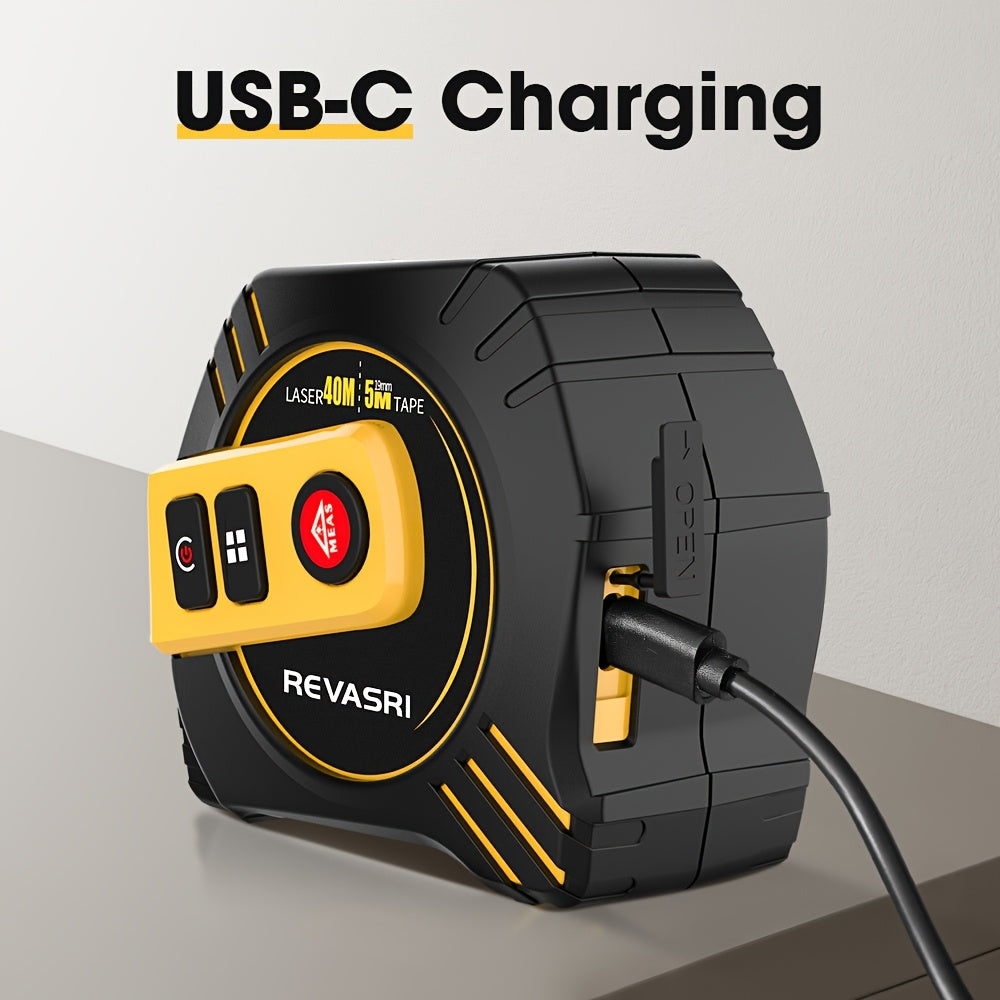 MeasuPro DQ — Medidor Láser 2 en 1 con Cinta Métrica (REVASRI, Recargable USB, Pantalla LCD, Cálculos Avanzados)