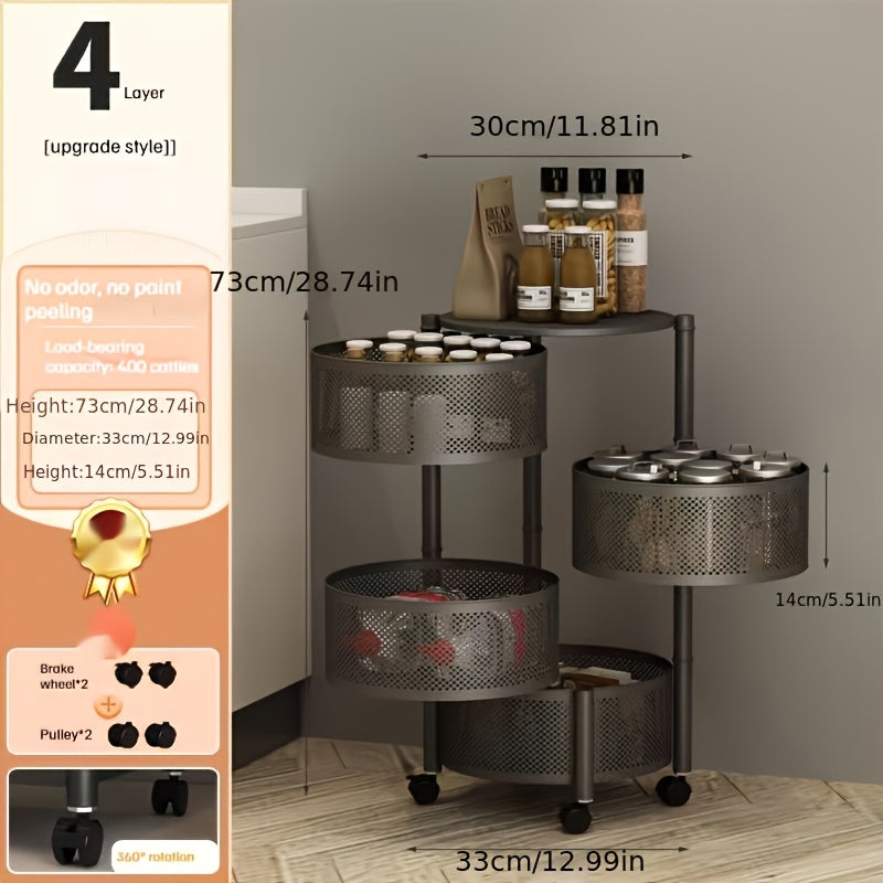Easy No-Assembly Rotating Metal Storage Rack - Multi-Tier Black Wire Mesh Fruit & Vegetable Organizer with Wheels for Kitchen, Living Room - Sturdy Floor-Standing Shelf, Space-Saving Modern Home Decor, Minimalist Design, Dura