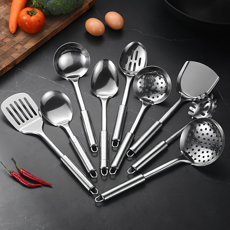 9pcs Modern Stainless Steel Cooking Utensil Set - Non-Stick, Washable, Easy Storage - Ideal for Home Chefs and Culinary Enthusiasts - Perfect for Christmas, Halloween, Thanksgiving, Kitchen Essentials|Sleek Kitchenware|Durabl