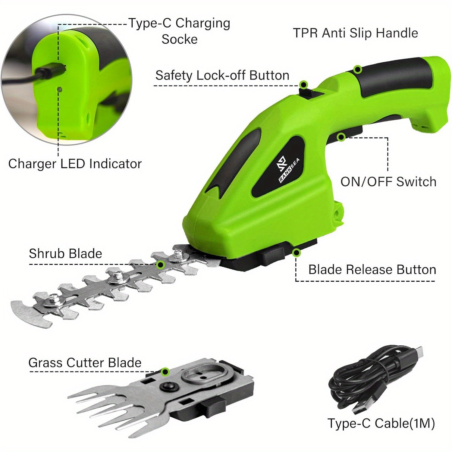 2-in-1 Cordless Electric Grass Shears Hedge Trimmer, 7.2V Rechargeable Lithium Battery Powered, USB Type-C Compatible, Alloy Steel Blade, Lightweight Design for Garden and Lawn Care