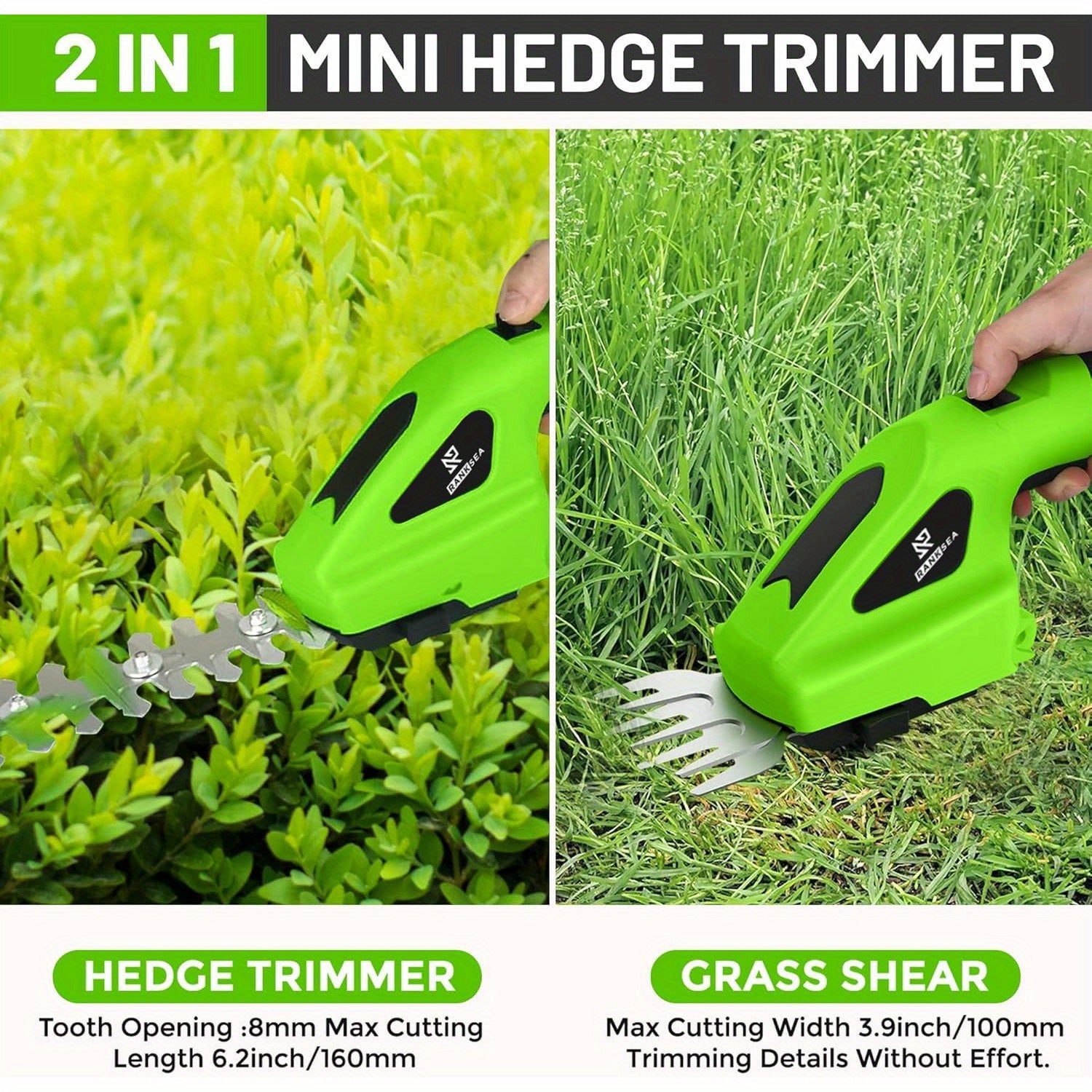 2-in-1 Cordless Electric Grass Shears Hedge Trimmer, 7.2V Rechargeable Lithium Battery Powered, USB Type-C Compatible, Alloy Steel Blade, Lightweight Design for Garden and Lawn Care