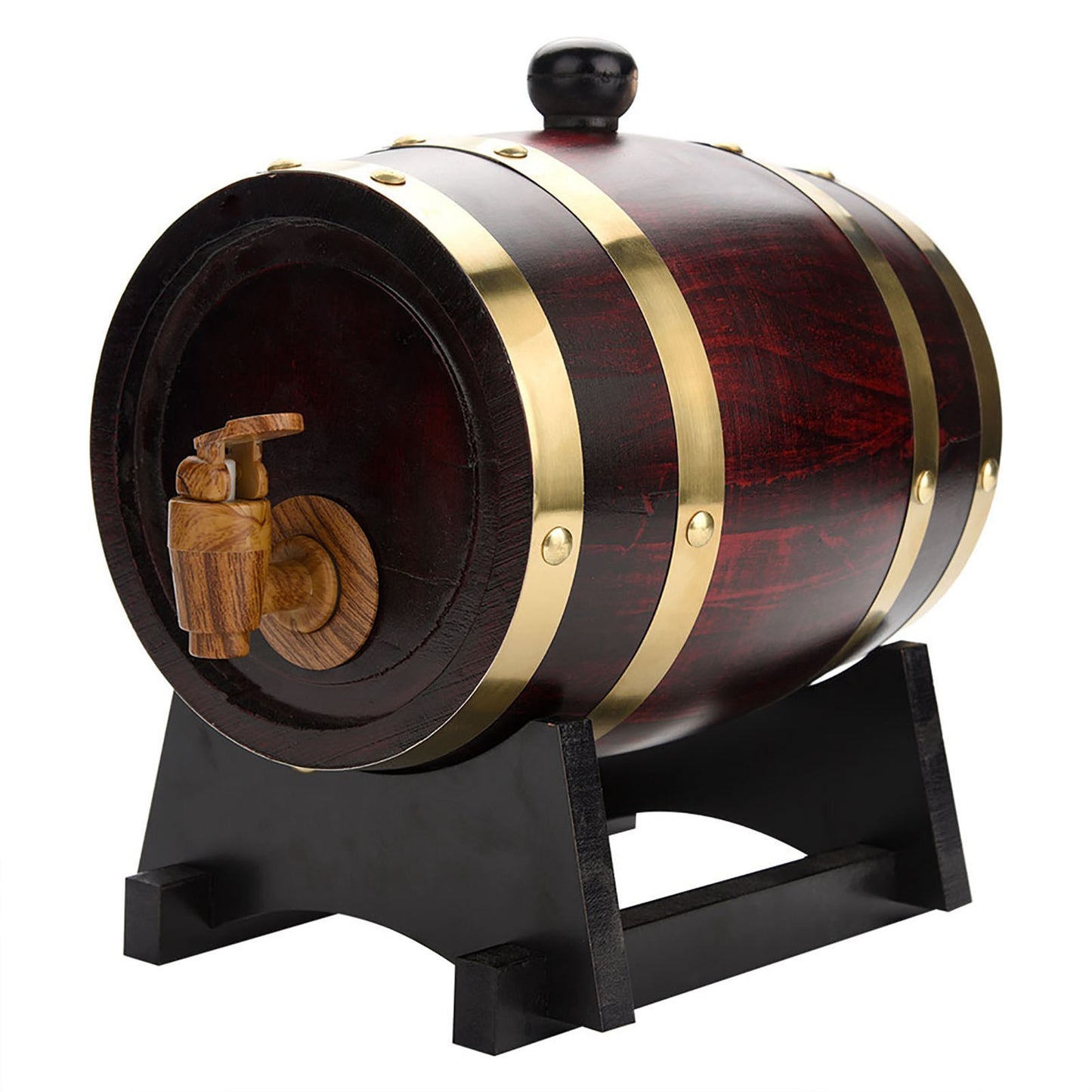 OakBarrel JC — Barril Decorativo de Pino Rústico con Grifo Antifugas (Acabado Roble Rojo, Detalles Dorados)