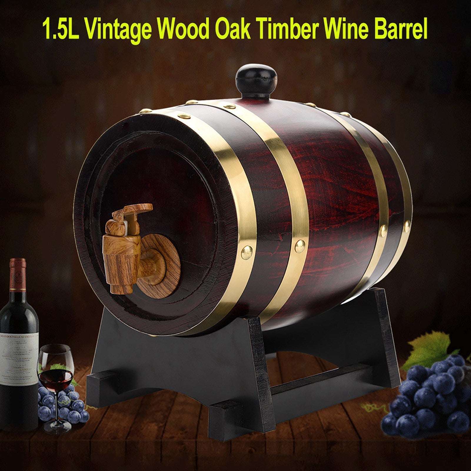 Rustic Pine Wood Wine Barrel with Leak-Proof Spigot - Red Oak Finish, Golden Metal Accents, Vintage Home Bar Decor for Whiskey, Beer, Brandy & Tequila, Step-by-Step Pouring Guide Included