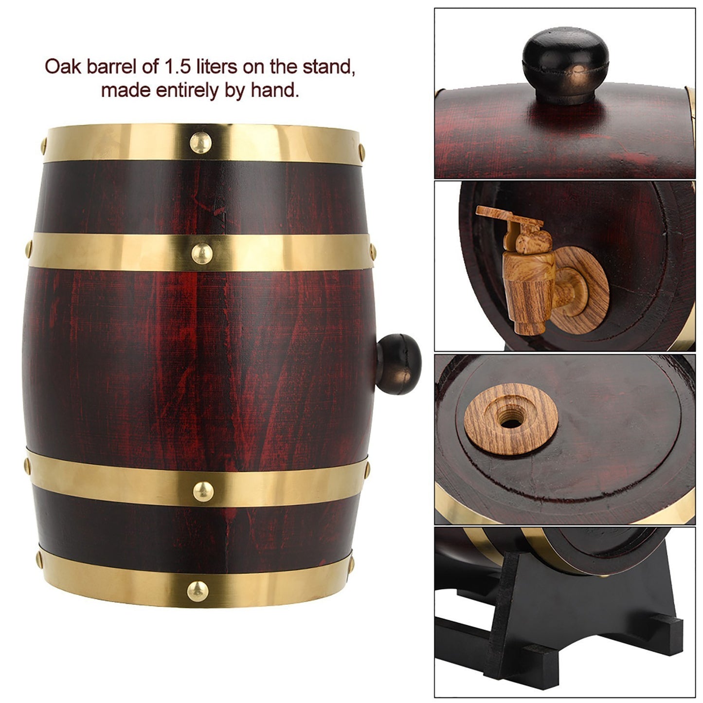 OakBarrel JC — Barril Decorativo de Pino Rústico con Grifo Antifugas (Acabado Roble Rojo, Detalles Dorados)