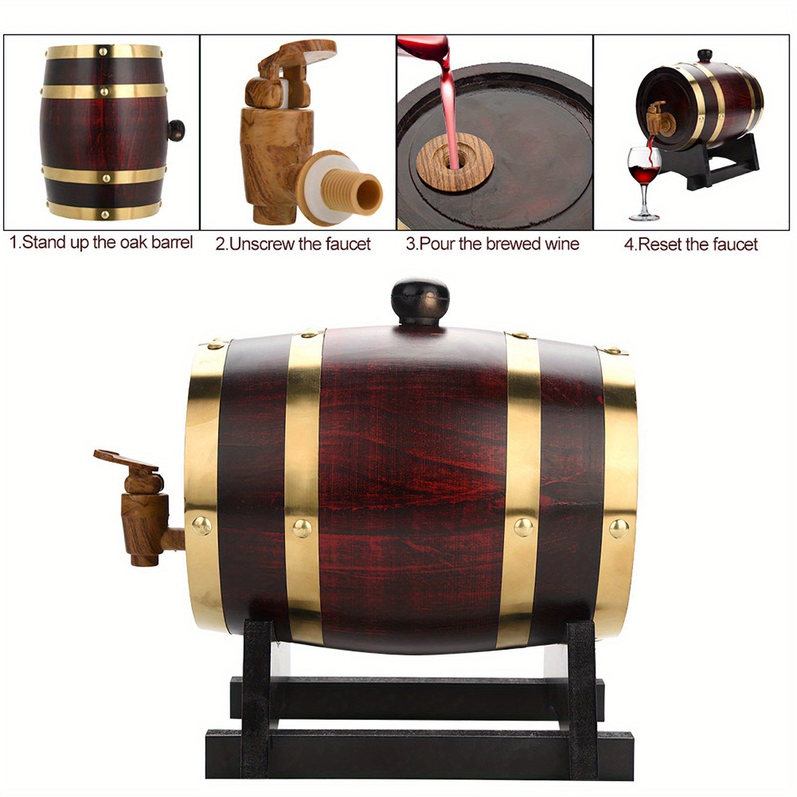 Rustic Pine Wood Wine Barrel with Leak-Proof Spigot - Red Oak Finish, Golden Metal Accents, Vintage Home Bar Decor for Whiskey, Beer, Brandy & Tequila, Step-by-Step Pouring Guide Included