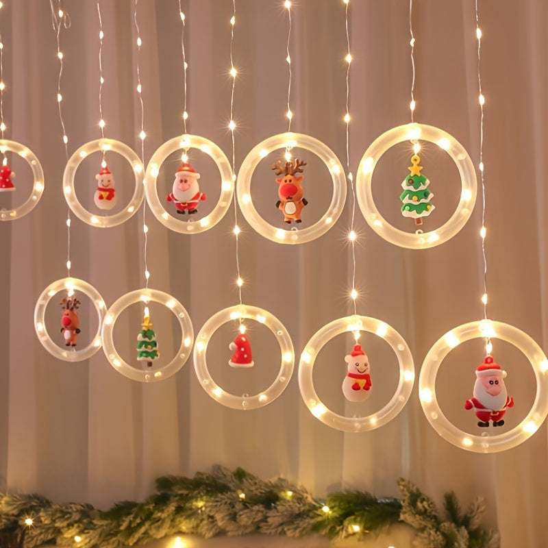 Rustic Christmas LED Curtain Lights Set - Santa, Reindeer, Snowman & Tree Designs | USB Powered Festive String Lights for Home, Bedroom & Party Decor, Key Control, White, Glamorous Style, Plastic Material
