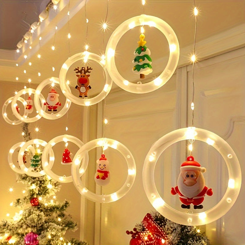 Rustic Christmas LED Curtain Lights Set - Santa, Reindeer, Snowman & Tree Designs | USB Powered Festive String Lights for Home, Bedroom & Party Decor, Key Control, White, Glamorous Style, Plastic Material