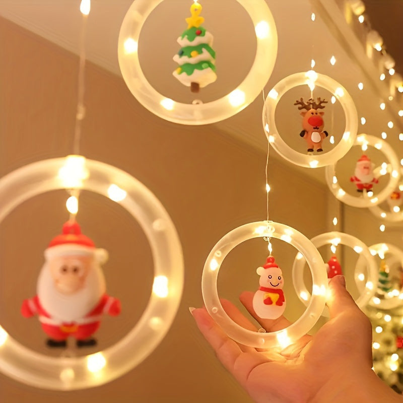 Rustic Christmas LED Curtain Lights Set - Santa, Reindeer, Snowman & Tree Designs | USB Powered Festive String Lights for Home, Bedroom & Party Decor, Key Control, White, Glamorous Style, Plastic Material