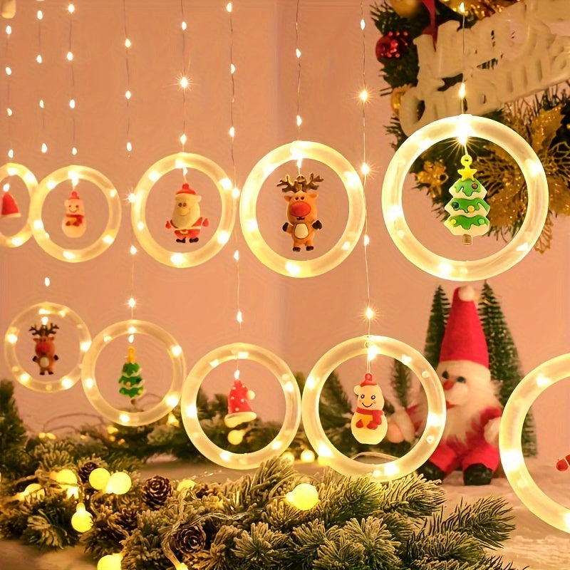 Rustic Christmas LED Curtain Lights Set - Santa, Reindeer, Snowman & Tree Designs | USB Powered Festive String Lights for Home, Bedroom & Party Decor, Key Control, White, Glamorous Style, Plastic Material