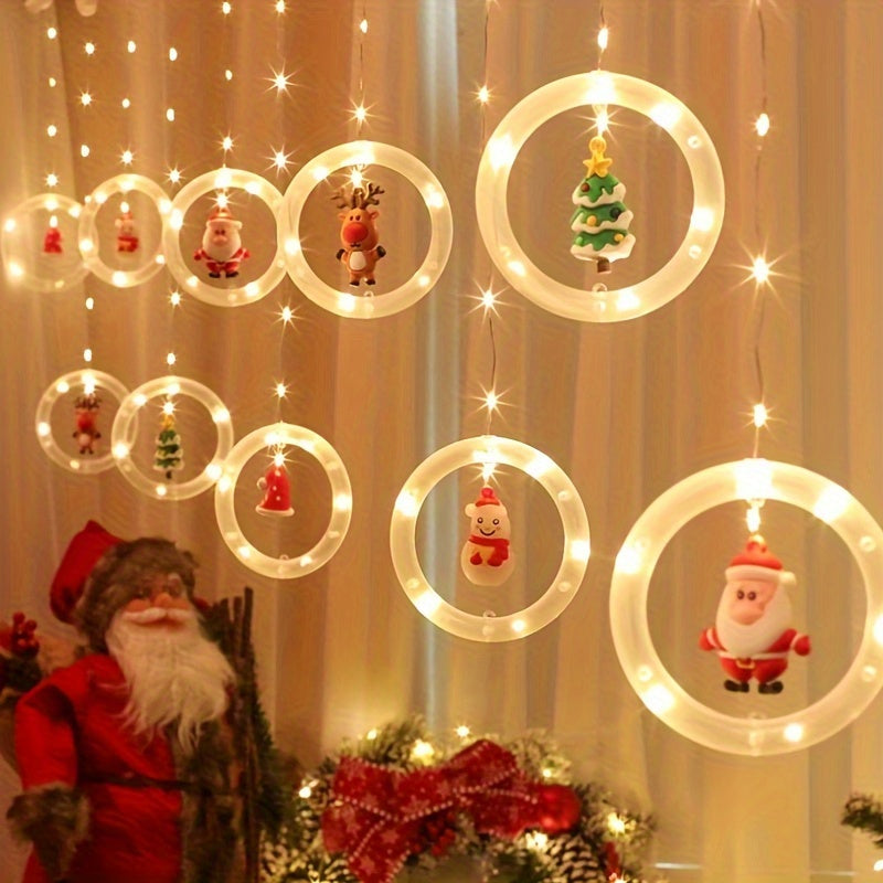 Rustic Christmas LED Curtain Lights Set - Santa, Reindeer, Snowman & Tree Designs | USB Powered Festive String Lights for Home, Bedroom & Party Decor, Key Control, White, Glamorous Style, Plastic Material
