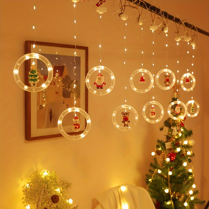 Rustic Christmas LED Curtain Lights Set - Santa, Reindeer, Snowman & Tree Designs | USB Powered Festive String Lights for Home, Bedroom & Party Decor, Key Control, White, Glamorous Style, Plastic Material
