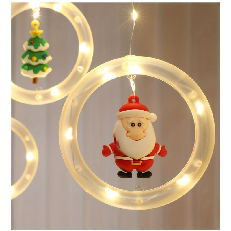 Rustic Christmas LED Curtain Lights Set - Santa, Reindeer, Snowman & Tree Designs | USB Powered Festive String Lights for Home, Bedroom & Party Decor, Key Control, White, Glamorous Style, Plastic Material