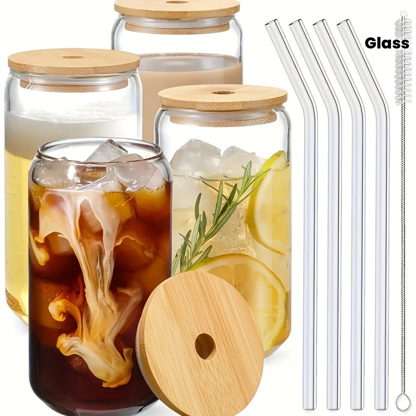 BrewJoy Set — Vasos de Vidrio con Tapa, Bombilla y Cepillo (4 Piezas)