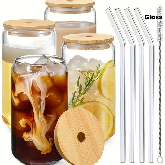 BrewJoy Set — Vasos de Vidrio con Tapa, Bombilla y Cepillo (4 Piezas)