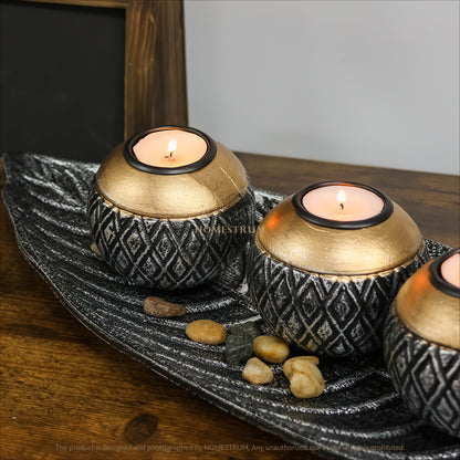 Leaf Harmony — Set de Portavelas de Madera con Bandeja y Esferas