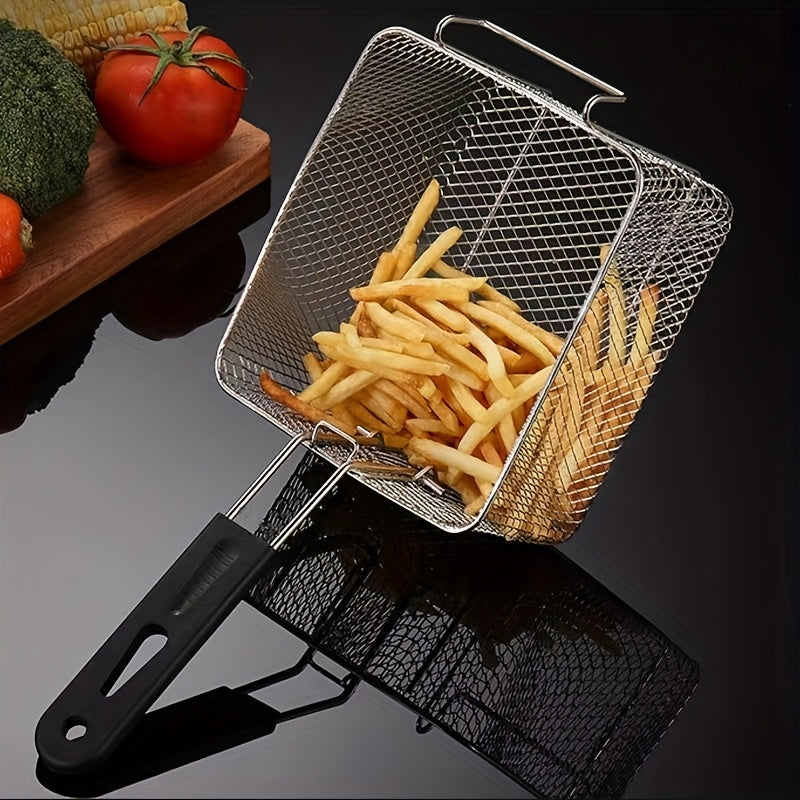 Stainless Steel Frying Basket with a Foldable Handle, Heat-Resistant Mesh, Suitable for Frying French Fries, Chicken Wings, And Snacks, Easy to Clean, a Cooking Tool for Both Home And Commercial Kitchens.