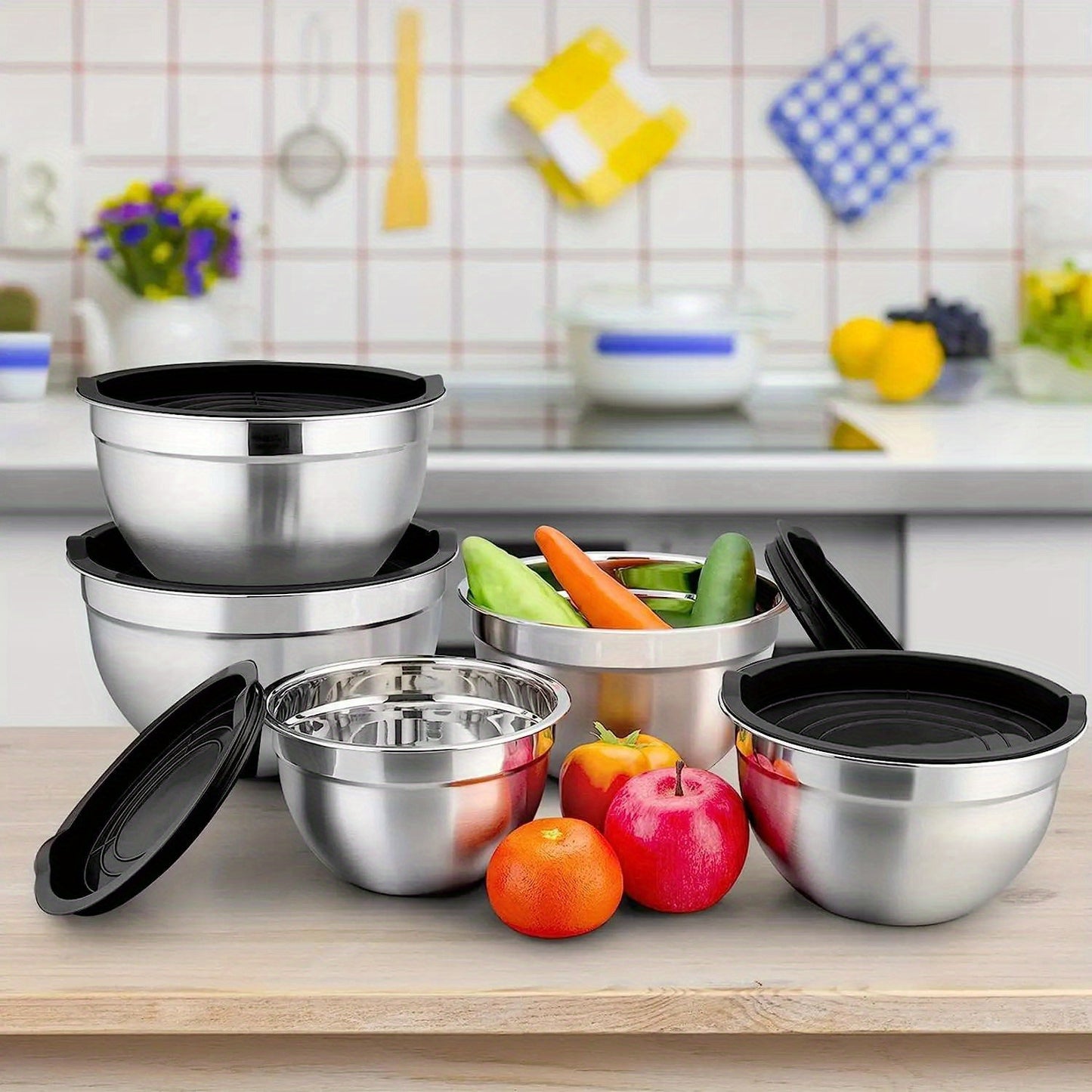 SteelMix TR — Set de 5 Bowls de Acero Inoxidable con Tapas Selladas (Apto para Horno, Cocina Multifuncional)