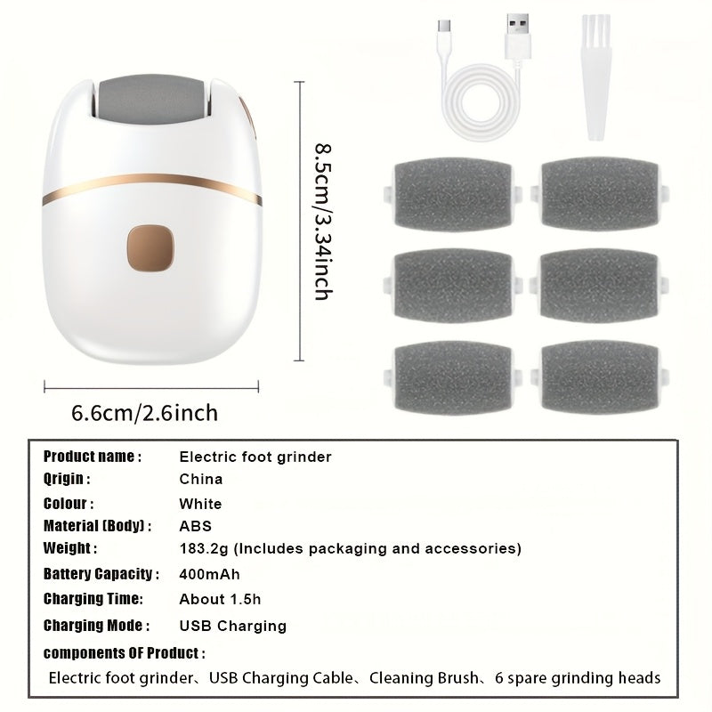 Rechargeable Electric Foot Exfoliator with 6 Replaceable Heads, for Dead Skin Removal and Polishing, USB Powered, a Smooth Two-color Design (White and Golden), Ergonomic Handle for Comfortable Use