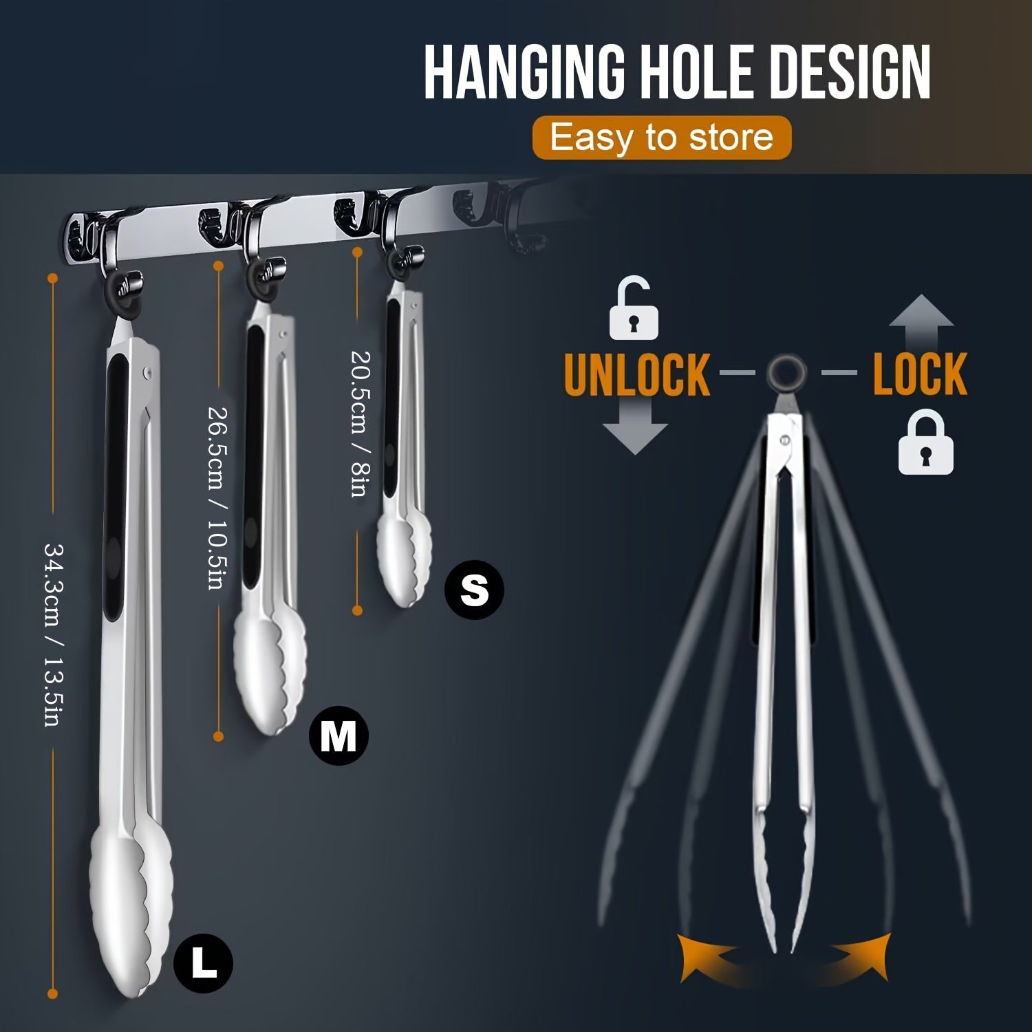 Stainless Steel Kitchen Tongs Set - 3 Pieces Heavy Duty Food Tongs with Locking Design, Heat Resistant up to 600°F, Non-Slip for Cooking, Salad, BBQ - Dishwasher Safe, Multi Size (20.32/26.67/34.29 cm)