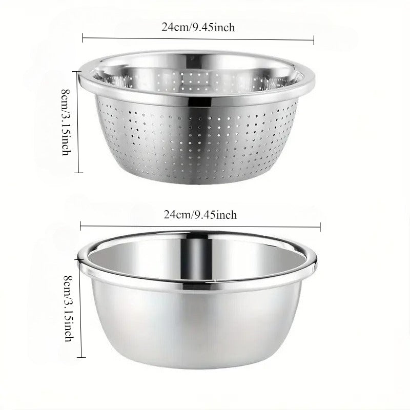 2pcs Stainless Steel Micro-Pore Filter Bowl Set – Multi-Purpose Colander & Mixing Basin for Washing Vegetables, Fruits, Rice & Draining Pasta | Extra-Thick Large Capacity, Dishwasher Safe & Rust-Proof