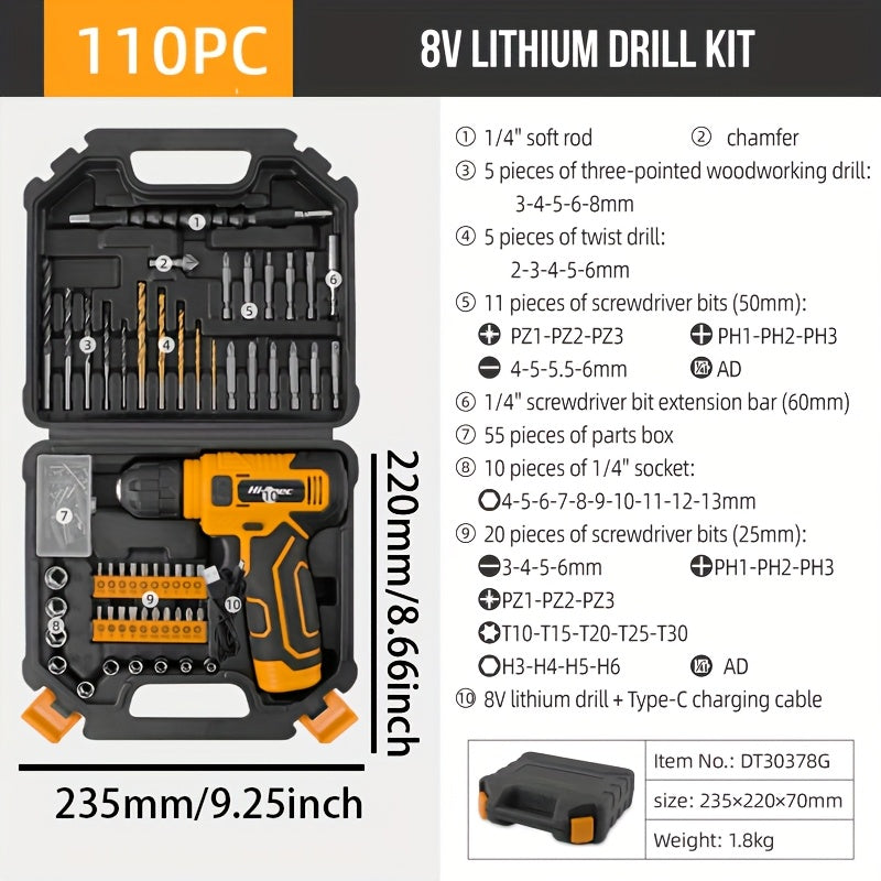 Hi-Spec 8V Cordless Electric Tool Set with Lithium-Ion Battery & Charger, Cordless Drill/Driver, Impact Driver, Screwdriver Kit, Wrench Set, Impact Socket Set, Torx Bits, Power Tool Kit with Carrying Case - Heavy-Duty All-in-