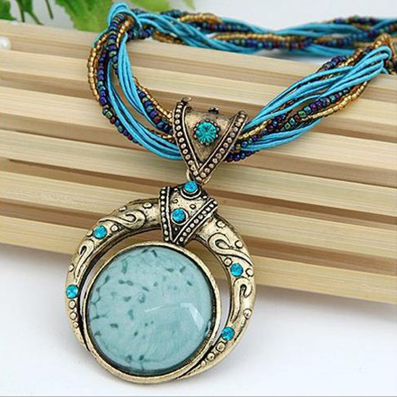 1pc Elegant Bohemian Handmade Pendant Necklace with Round Faux Gemstone, Alloy Material, Perfect for Women'S Party And Festival Celebrations, Versatile Jewelry Accessory for All Seasons, Festive Jewelry | Elegant Pendant | Al