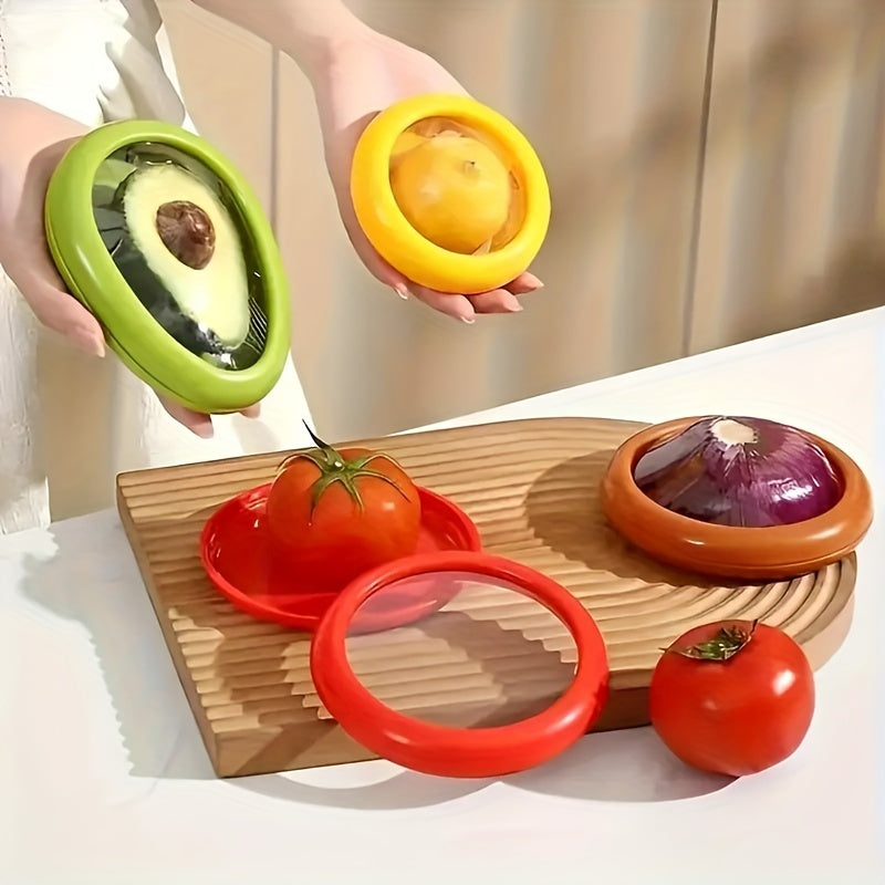 A Set of 4 Silicone Fruit And Vegetable Storage Containers, Reusable Fridge Storage Boxes, Ideal for Preserving Avocados, Tomatoes, And Perfect for Garlic, Onions, Lemons, And Potatoes.