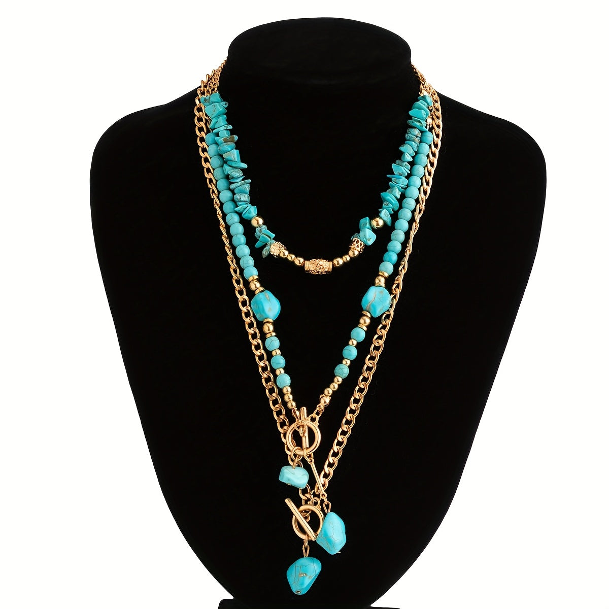 TurquoiseWaves — Set de Collar Bohemio en Capas con Cuentas de Turquesa Sintética