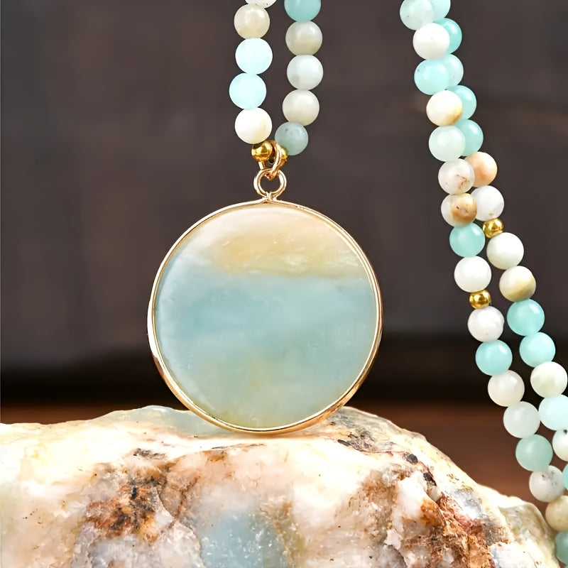 1pc Natural Stone Round Amazonite Pendant Necklace - Bohemian Style Multicolor Bead Chain Jewelry for Women, Casual Attire & Summer Vacation Gift, Year-Round Versatile Accessory