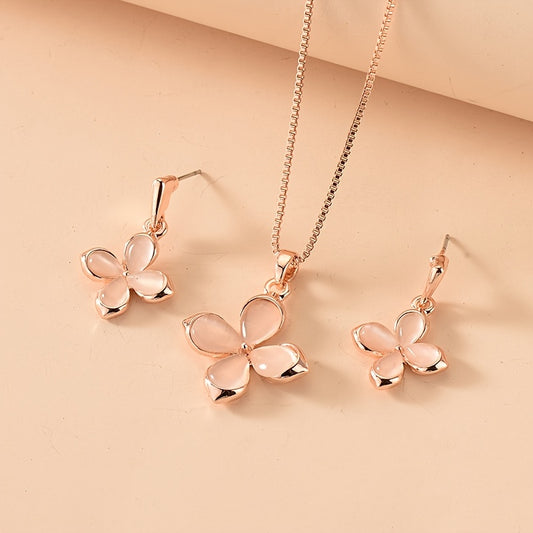 LuckyBloom — Opal Pink Clover Necklace and Earrings Set (2 Pieces)