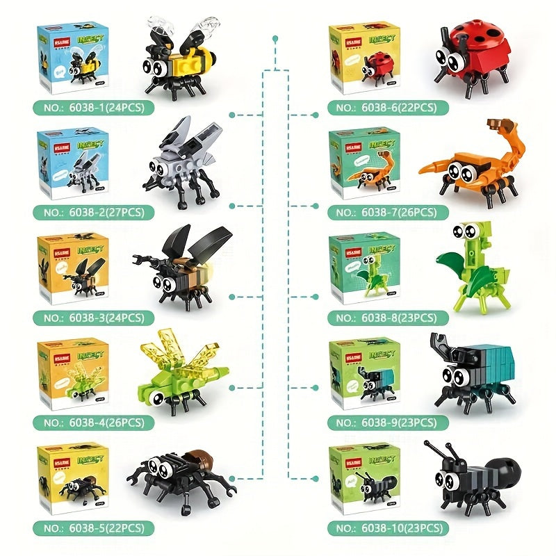 A Set of 10 Insect Building Blocks, Featuring Animal Models Like Bees, Ladybugs, Fireflies, Dragonflies, Spiders, And Scorpions, Makes a Perfect Gift for Young People.