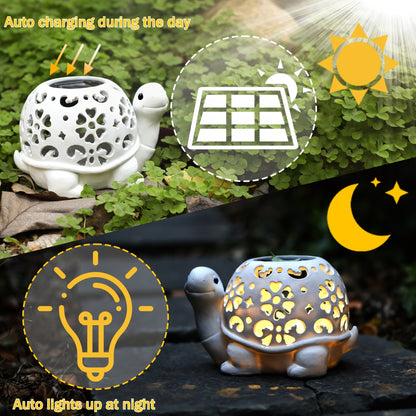TortuLuz TT — Lámpara Solar de Jardín en Forma de Tortuga con Detalles Florales (Estilo Rústico, Resina)