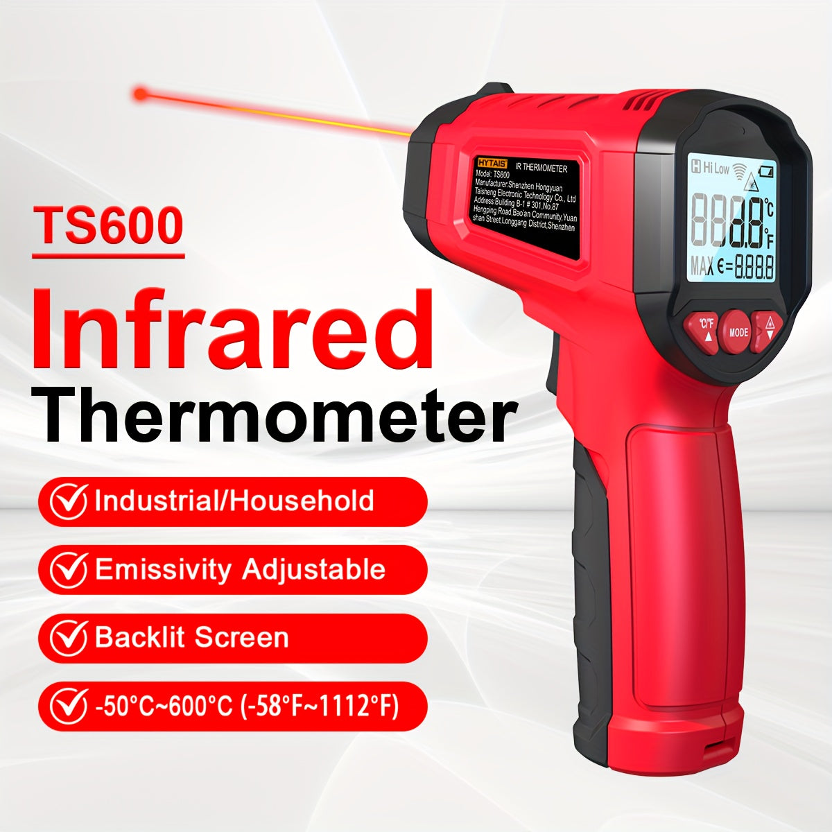 HYTAIS Infrared Thermometer with Laser Aiming - Fast Reading, Non-Contact, Wide Temperature Range (-50°F to 1112°F), Perfect for Cooking and Baking, Baking Thermometer | Digital Display | Plastic Body, Thermometer for Oven
