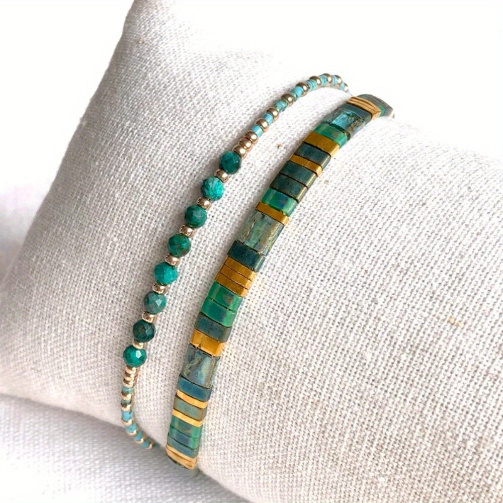 VerdeAura — Set de 2 Pulseras Bohemias con Cuentas de Vidrio y Piedras Semipreciosas