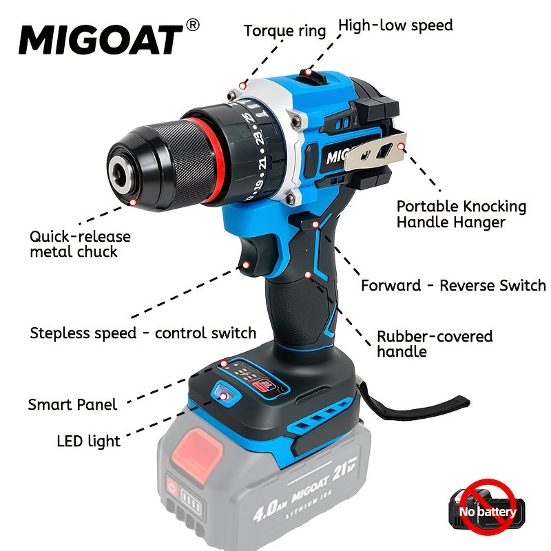 MIGOAT 410W Cordless Rechargeable Impact Drill - 10mm Chunk, 1/2 Inch, 1700rpm, 18V-20V-21V Battery, Ergonomic Handle, Durable Construction for DIY & Professional Use, Cordless Drill, Robust Tool Design, Sturdy Construction,