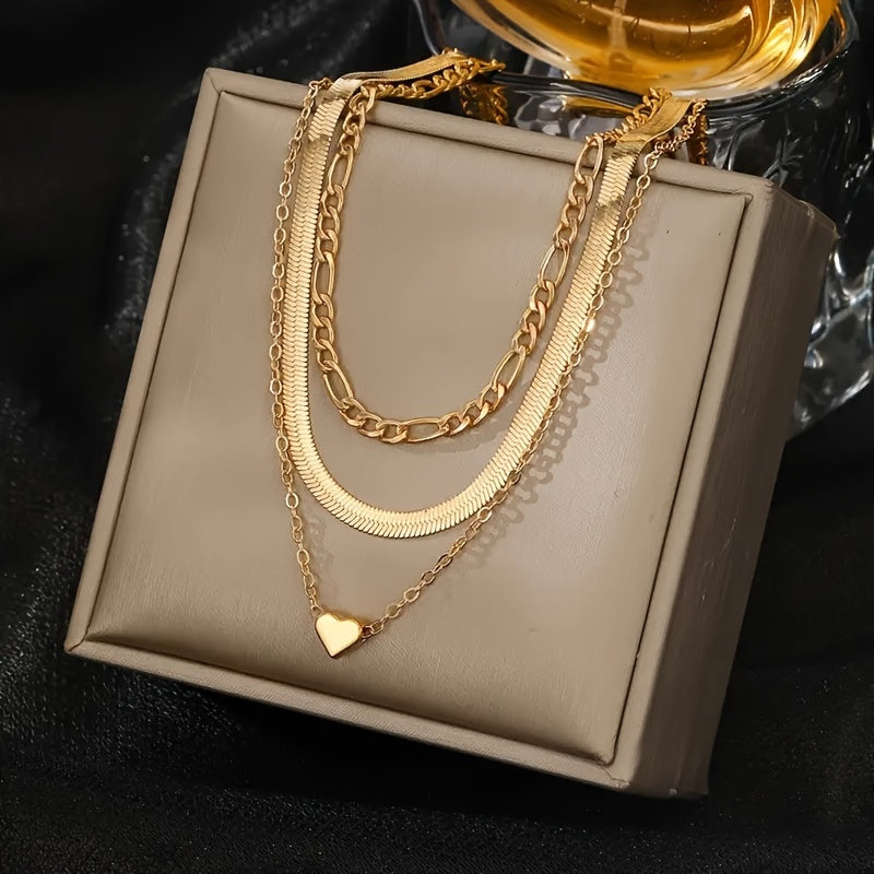 Elegant Layered Heart Charm Snake & Cuban Chain Necklaces, Retro Classic Style Fashion Women's Clavicle Chain Jewelry Set