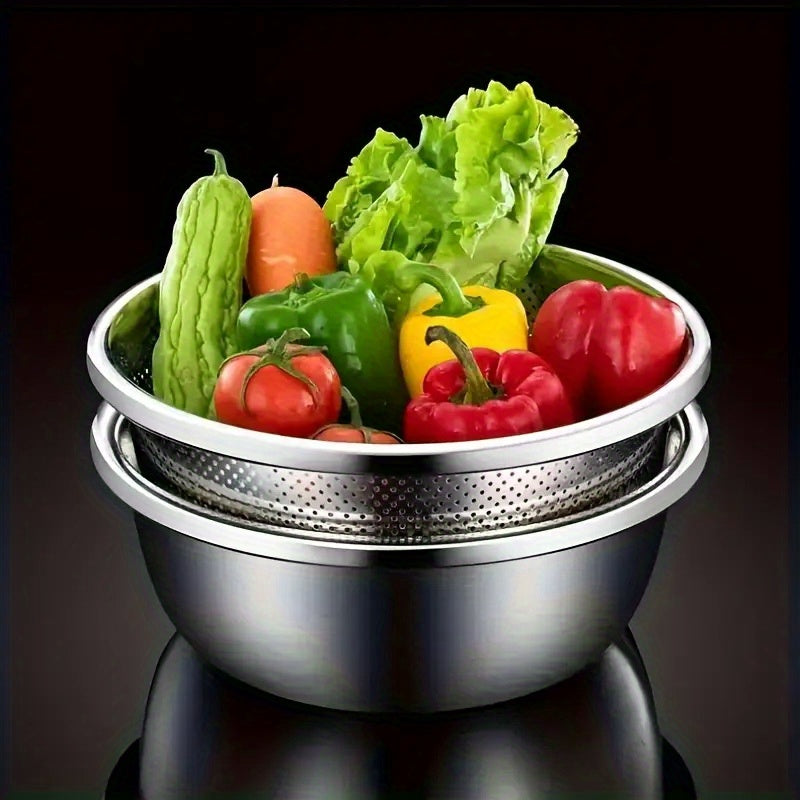 2pcs Stainless Steel Micro-Pore Filter Bowl Set – Multi-Purpose Colander & Mixing Basin for Washing Vegetables, Fruits, Rice & Draining Pasta | Extra-Thick Large Capacity, Dishwasher Safe & Rust-Proof