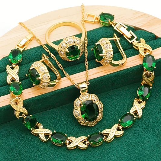 EmeraldLuxe 5 — Set de Joyería Vintage con Piedra Verde y Zirconia Cúbica (5 Piezas)