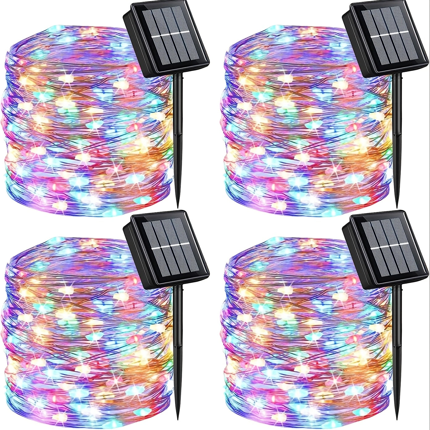 4pcs Solar Fairy Lights Outdoor, 11.98meter 100LED Solar String Lights with 8 Modes, Landscape Lighting and Torches for Yard, Garden, Wedding Party Decor, Warm White/White/Multicolor,, Solar-Powered & Light Sensor Control, Ou