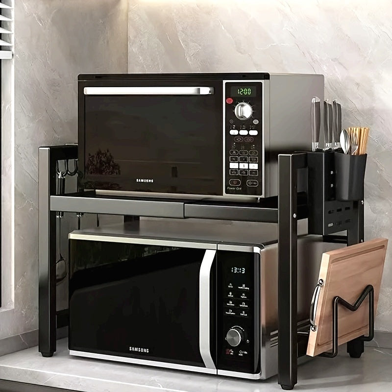 1pc Adjustable Metal Microwave Rack, a New Level of Kitchen Storage: Adjustable Length, Multi-Layer Usage, Retractable Microwave Kitchen Shelf for Countertop, Oven Rack, Home Use Rice Cooker Storage Shelf.