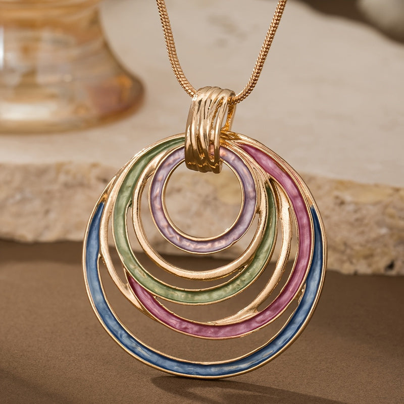 Women's Elegant Bohemian Necklace - Golden-Toned KC Chain with Green/Purple/Blue/Pink Gradient Pendant, Layered Oval Jewelry for Everyday & Formal Events, Valentine's Gift for Her - Year-Round Wearable Art, Party Accessory, G