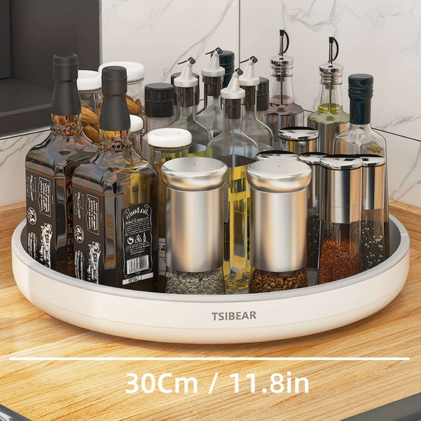 1pc 360° Rotating Kitchen Turntable Organizer - Space-Saving Countertop Spice Rack with Sliding Shelves & Multi-Compartment Storage, Durable Plastic White Turntable for Spices, Condiments, Cooking Oils, Sauces - Compact Mode