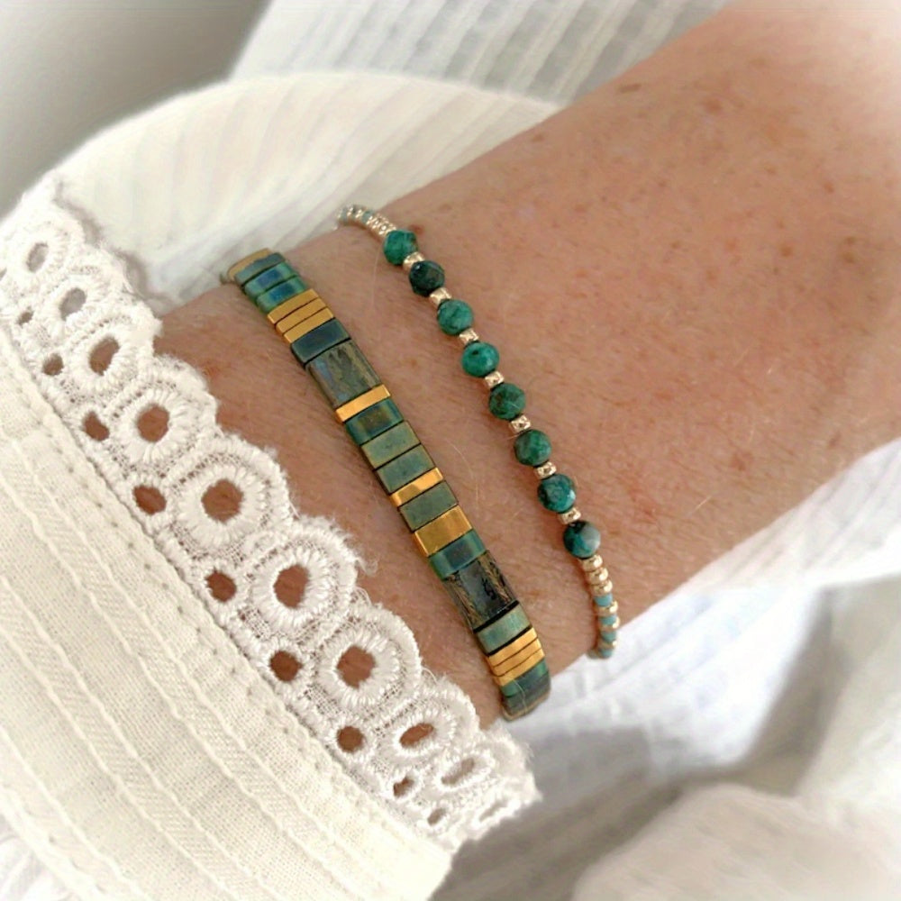 VerdeAura — Set de 2 Pulseras Bohemias con Cuentas de Vidrio y Piedras Semipreciosas
