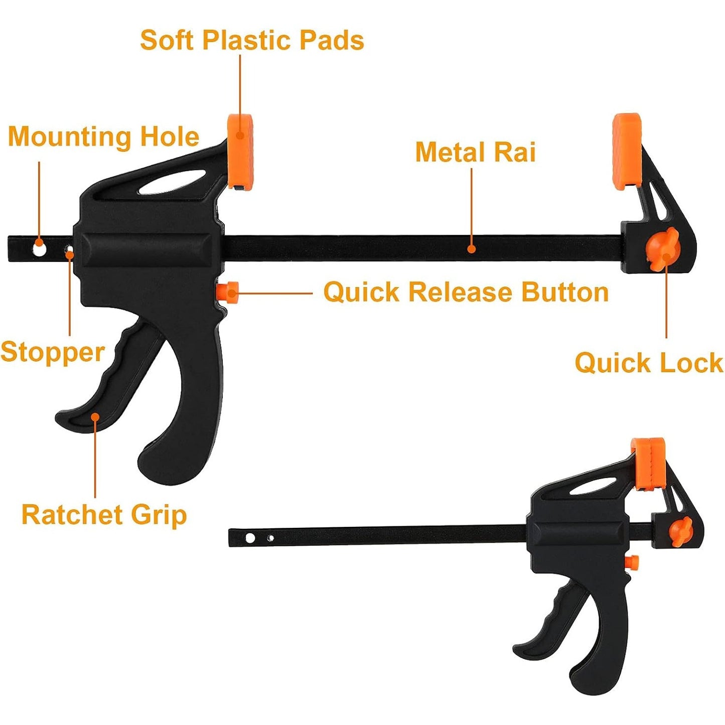 GripFast KF — Set de 4 Mini Prensas de Carpintería (4", Operación con Una Mano, Mango Doble Naranja)