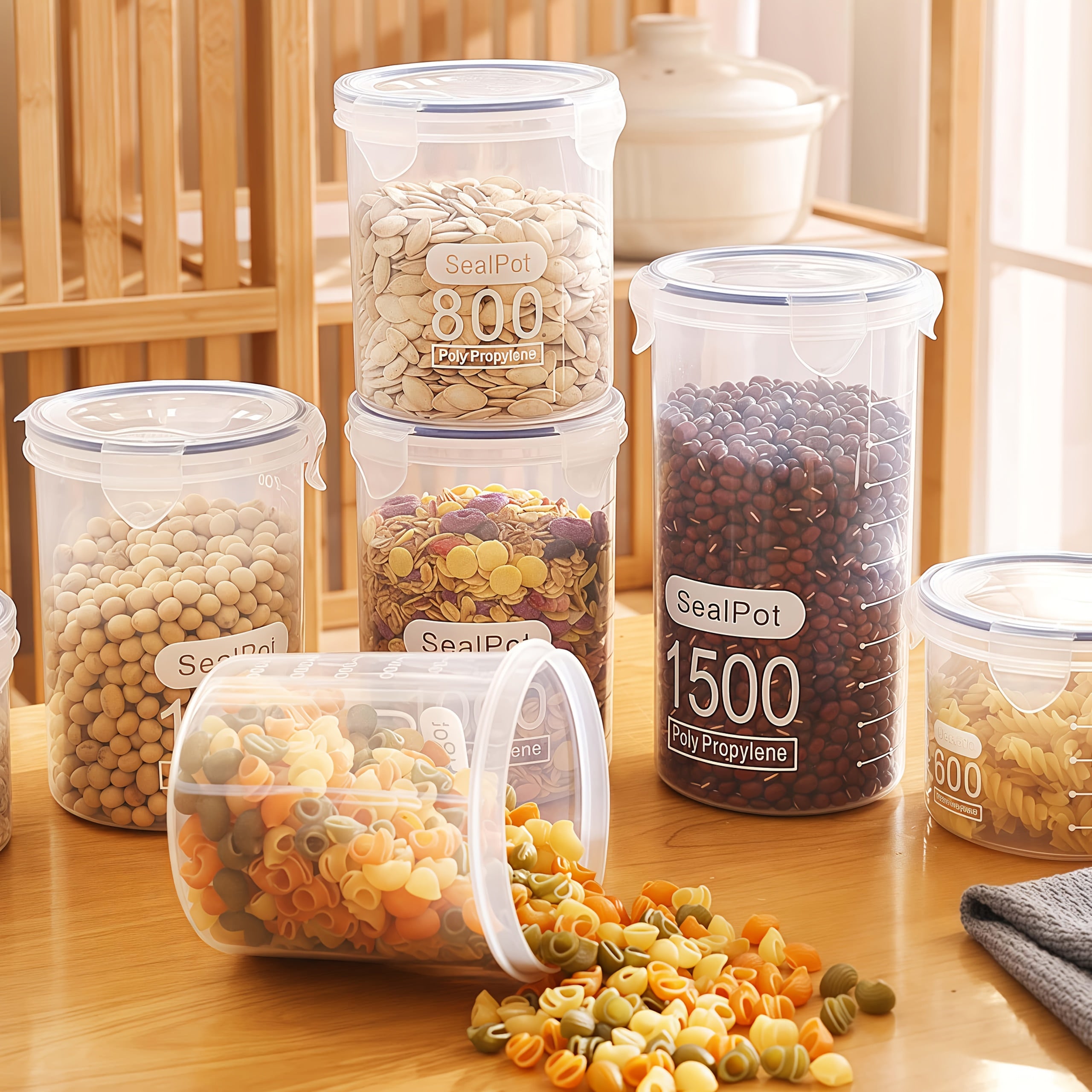4pcs Large Airtight Grain Storage Jars with Lids - Transparent Pantry Containers, Stackable Kitchen Canisters for Dry Goods, Beans, Rice, Pasta - Leakproof Flip-Top Lid & Easy-Clean Base - Space-Saving Organizer for Pantry, R