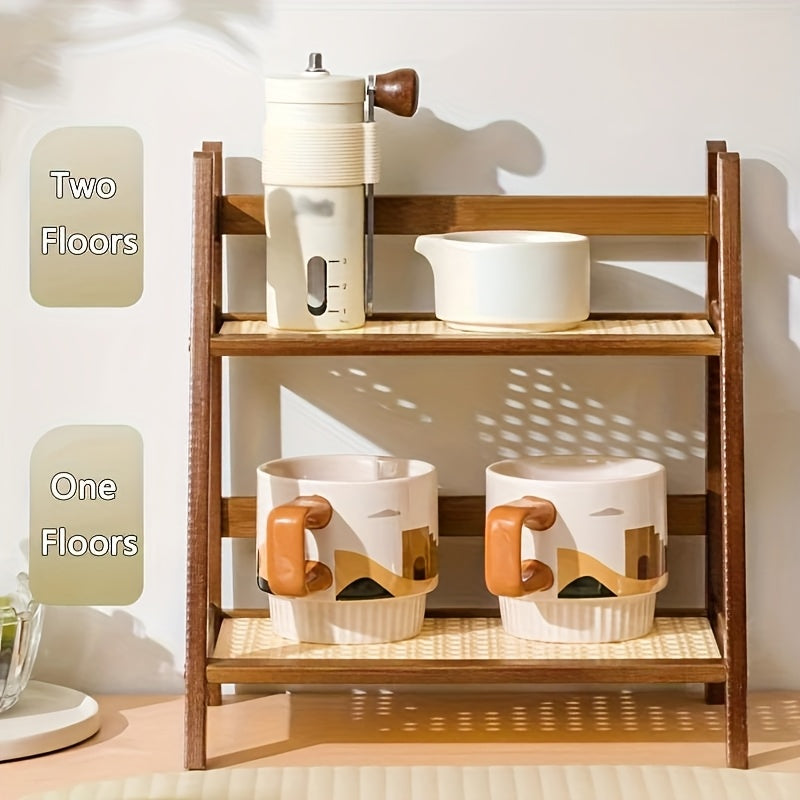 Double layer wooden cup storage rack, 26cm/10 inch artificial rattan mug organizer, suitable for kitchen and living room, compact desktop rack, can hold mugs, cups and small items, durable wooden material, space saving design