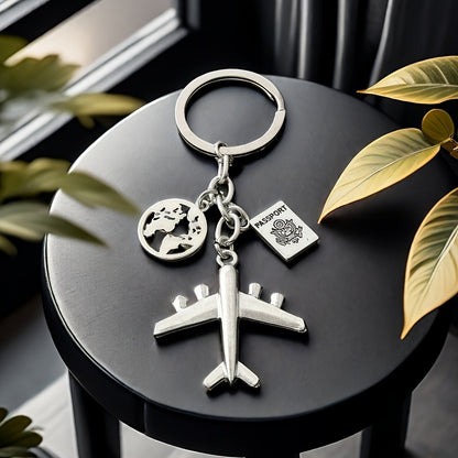 ViajeAmor DN — Llavero de Acero Inoxidable con Charms de Maleta, Globo y Avión (Grabado “Travel with Love”)