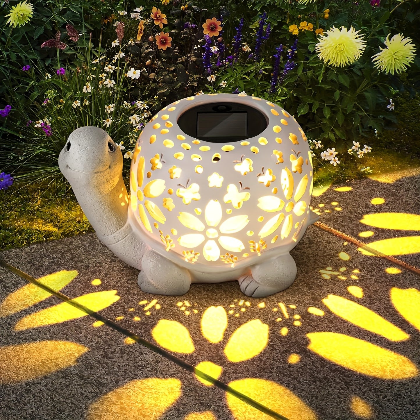 TortuLuz TT — Lámpara Solar de Jardín en Forma de Tortuga con Detalles Florales (Estilo Rústico, Resina)