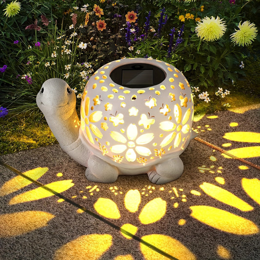 TortuLuz TT — Lámpara Solar de Jardín en Forma de Tortuga con Detalles Florales (Estilo Rústico, Resina)